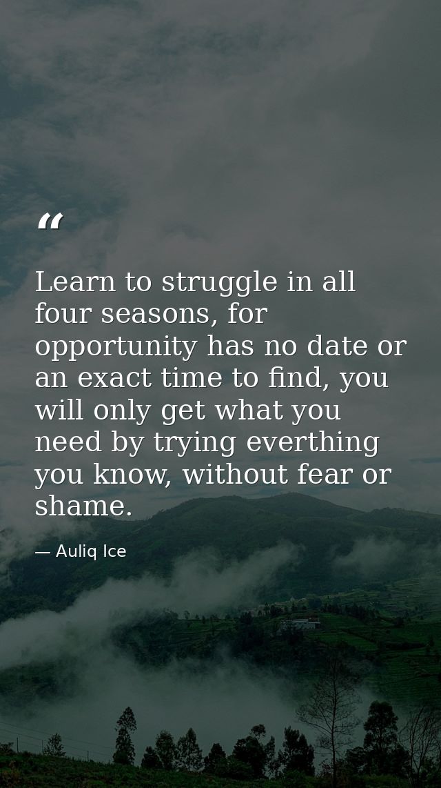 Learn to struggle in all four seasons, for opportunity has no date or an exact time to find, you will only get what you  — Auliq Ice
