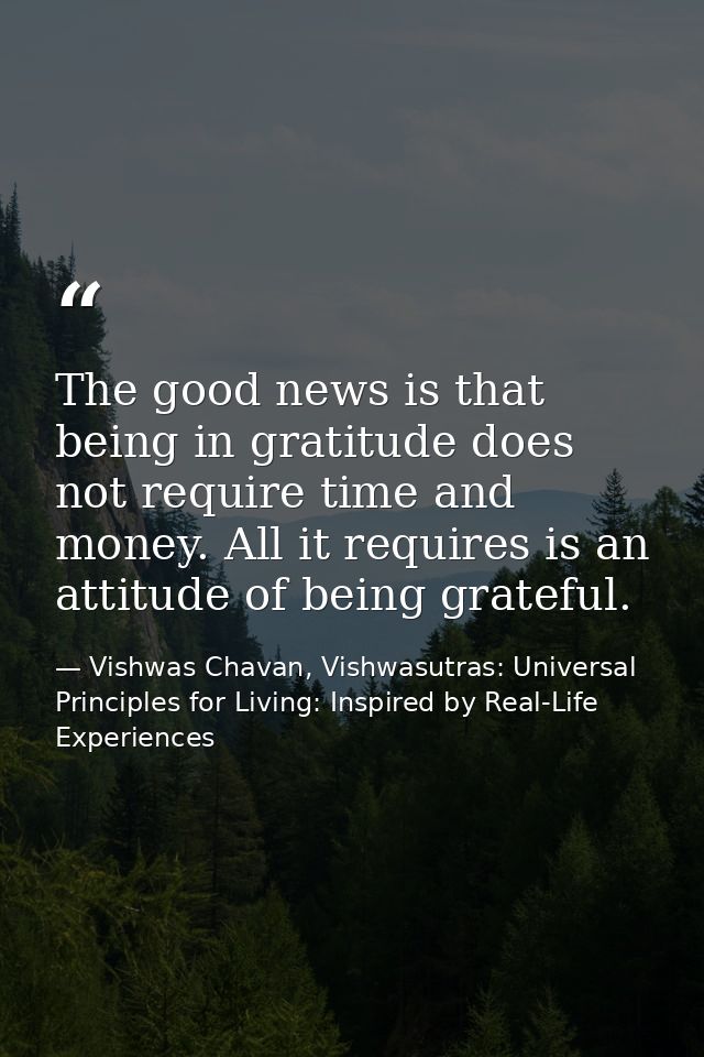 The good news is that being in gratitude does not require time and money. All it requires is an attitude of being gratef — Vishwas Chavan, Vishwasutras: Universal Principles for Living: Inspired by Real-Life Experiences