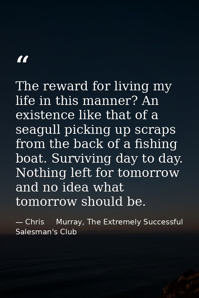 The reward for living my life in this manner? An existence like that of a seagull picking up scraps from the back of a f — Chris     Murray, The Extremely Successful Salesman's Club