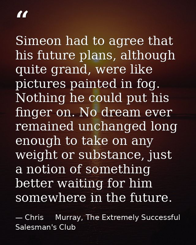 Simeon had to agree that his future plans, although quite grand, were like pictures painted in fog. Nothing he could put — Chris     Murray, The Extremely Successful Salesman's Club