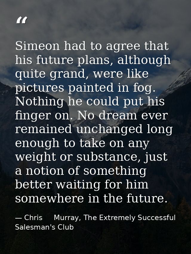 Simeon had to agree that his future plans, although quite grand, were like pictures painted in fog. Nothing he could put — Chris     Murray, The Extremely Successful Salesman's Club