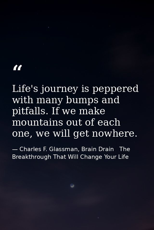 Life's journey is peppered with many bumps and pitfalls. If we make mountains out of each one, we will get nowhere. — Charles F. Glassman, Brain Drain   The Breakthrough That Will Change Your Life
