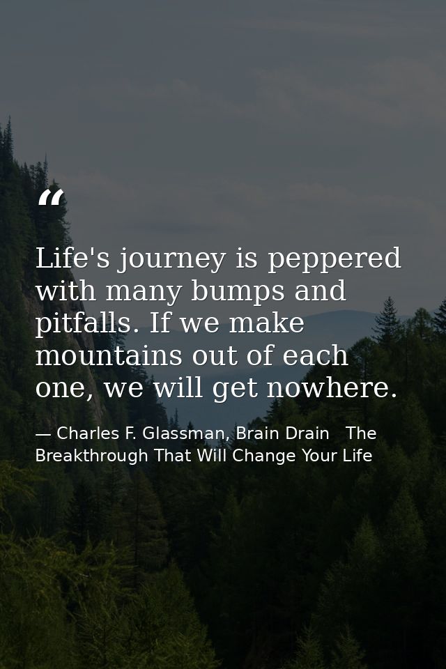 Life's journey is peppered with many bumps and pitfalls. If we make mountains out of each one, we will get nowhere. — Charles F. Glassman, Brain Drain   The Breakthrough That Will Change Your Life