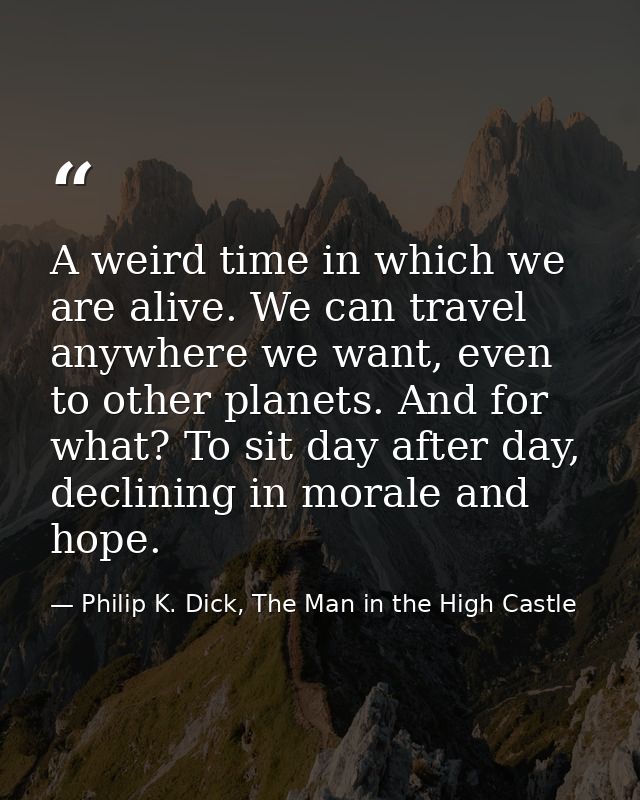 A weird time in which we are alive. We can travel anywhere we want, even to other planets. And for what? To sit day afte — Philip K. Dick, The Man in the High Castle