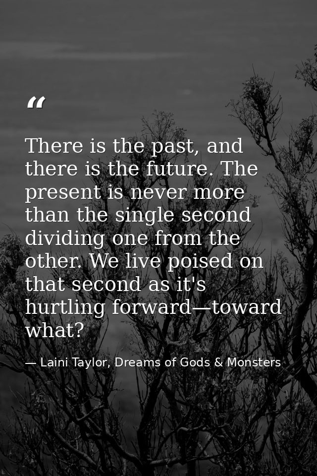 There is the past, and there is the future. The present is never more than the single second dividing one from the other — Laini Taylor, Dreams of Gods & Monsters
