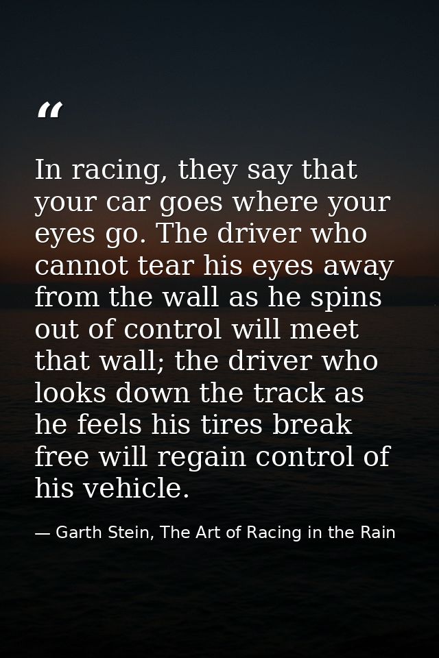 In racing, they say that your car goes where your eyes go. The driver who cannot tear his eyes away from the wall as he  — Garth Stein, The Art of Racing in the Rain