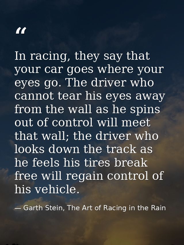 In racing, they say that your car goes where your eyes go. The driver who cannot tear his eyes away from the wall as he  — Garth Stein, The Art of Racing in the Rain