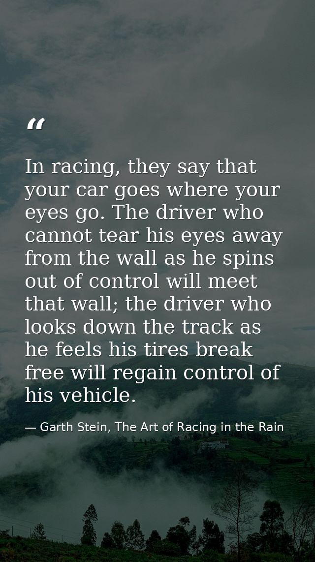 In racing, they say that your car goes where your eyes go. The driver who cannot tear his eyes away from the wall as he  — Garth Stein, The Art of Racing in the Rain