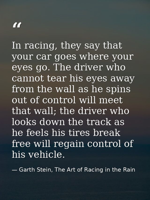 In racing, they say that your car goes where your eyes go. The driver who cannot tear his eyes away from the wall as he  — Garth Stein, The Art of Racing in the Rain