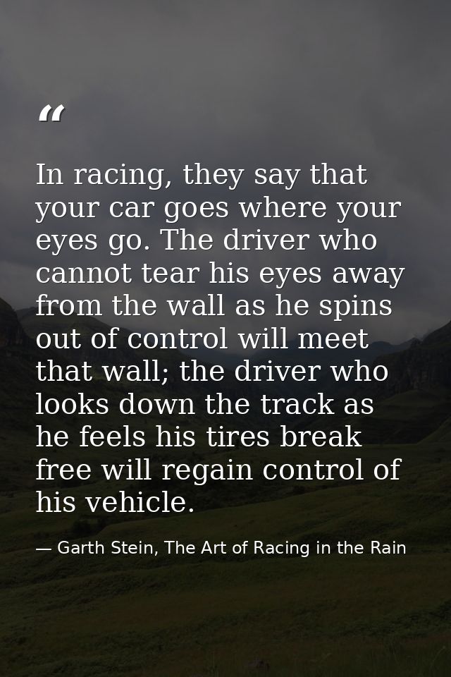 In racing, they say that your car goes where your eyes go. The driver who cannot tear his eyes away from the wall as he  — Garth Stein, The Art of Racing in the Rain