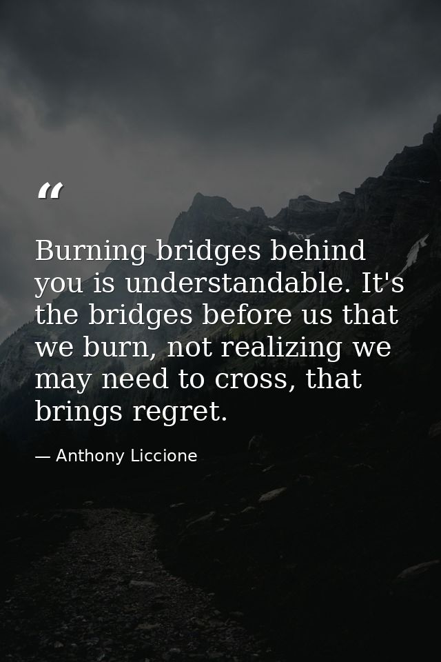 Burning bridges behind you is understandable. It's the bridges before us that we burn, not realizing we may need to cros — Anthony Liccione