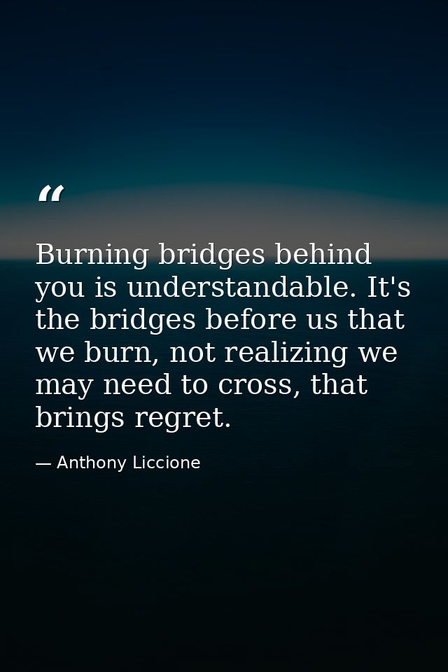Burning bridges behind you is understandable. It's the bridges before us that we burn, not realizing we may need to cros — Anthony Liccione