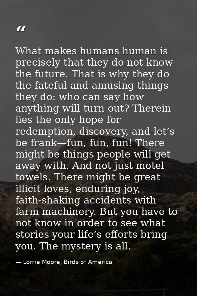 What makes humans human is precisely that they do not know the future. That is why they do the fateful and amusing thing — Lorrie Moore, Birds of America