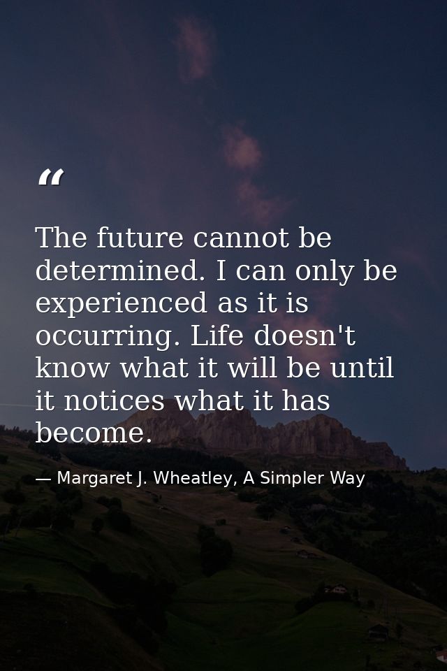 The future cannot be determined. I can only be experienced as it is occurring. Life doesn't know what it will be until i — Margaret J. Wheatley, A Simpler Way