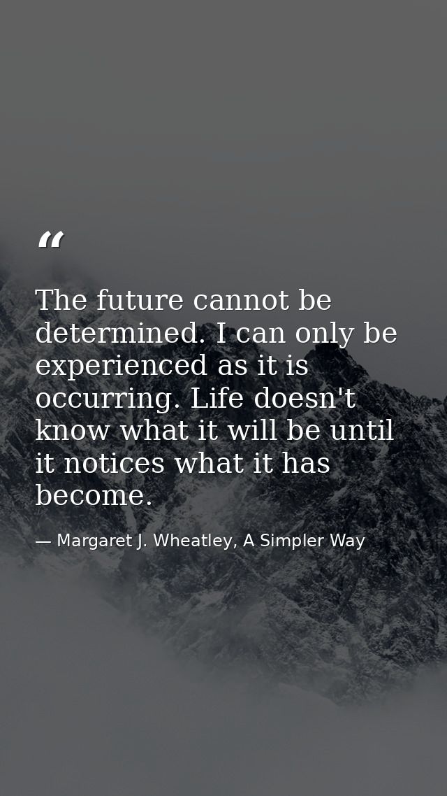 The future cannot be determined. I can only be experienced as it is occurring. Life doesn't know what it will be until i — Margaret J. Wheatley, A Simpler Way