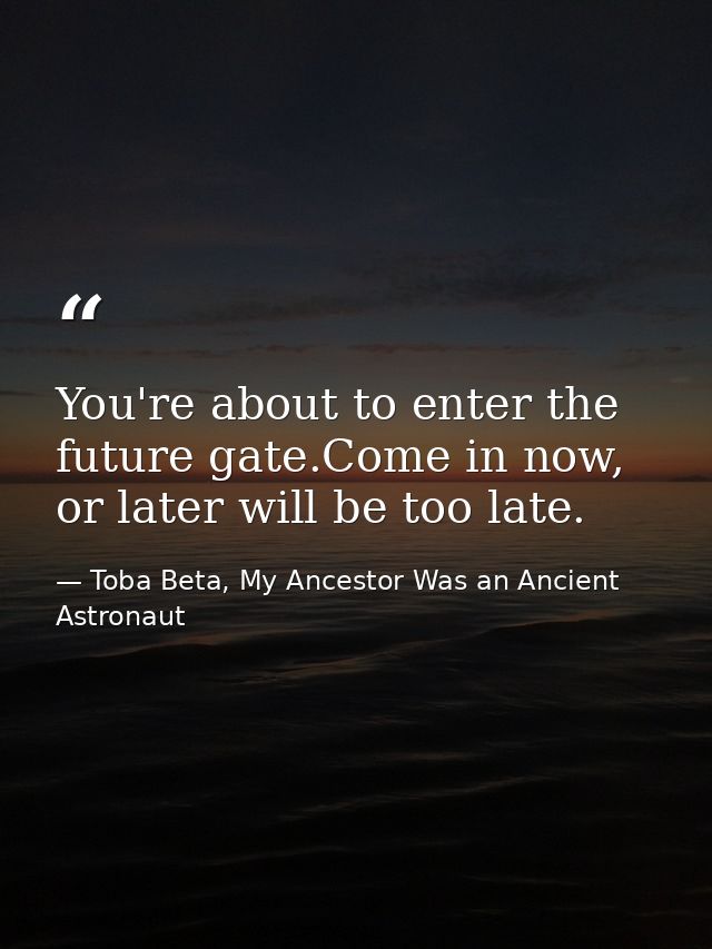 You're about to enter the future gate.Come in now, or later will be too late. — Toba Beta, My Ancestor Was an Ancient Astronaut