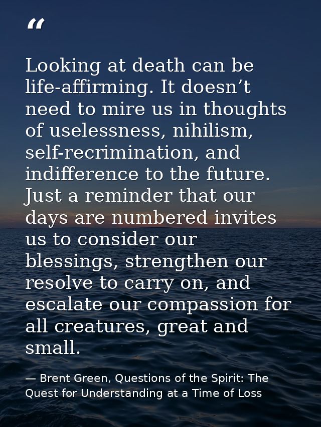 Looking at death can be life-affirming. It doesn’t need to mire us in thoughts of uselessness, nihilism, self-recriminat — Brent Green, Questions of the Spirit: The Quest for Understanding at a Time of Loss