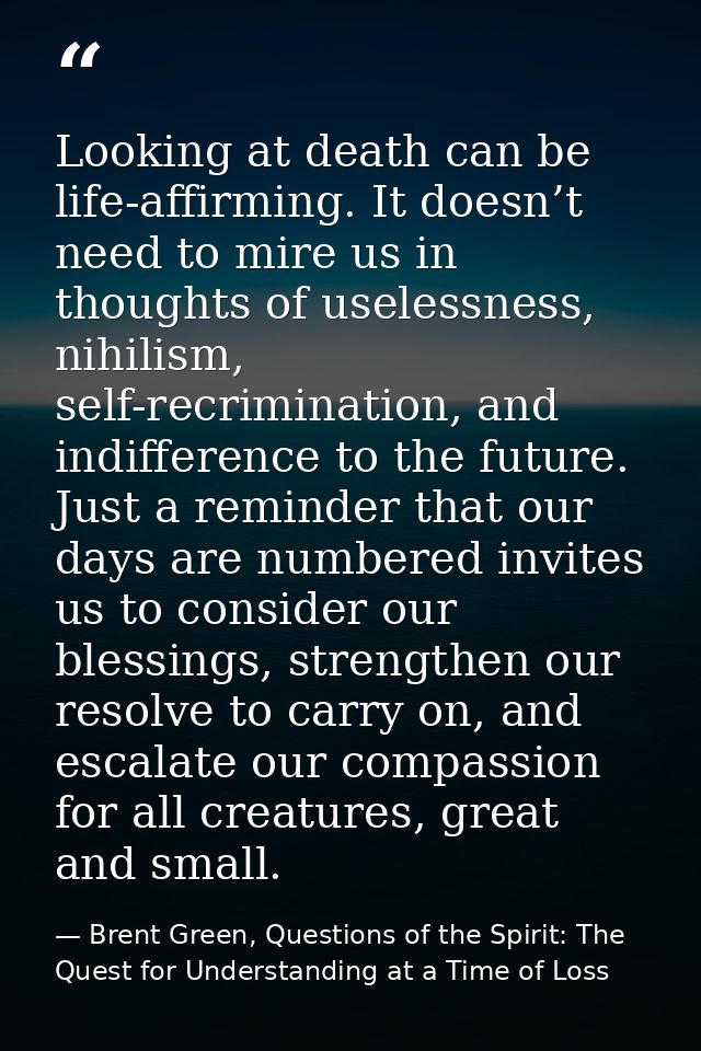 Looking at death can be life-affirming. It doesn’t need to mire us in thoughts of uselessness, nihilism, self-recriminat — Brent Green, Questions of the Spirit: The Quest for Understanding at a Time of Loss