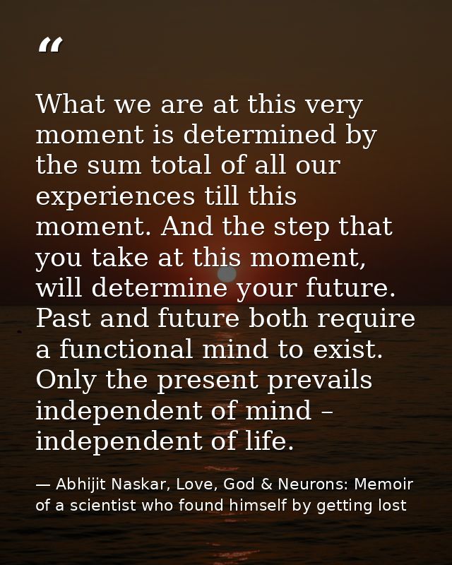What we are at this very moment is determined by the sum total of all our experiences till this moment. And the step tha — Abhijit Naskar, Love, God & Neurons: Memoir of a scientist who found himself by getting lost