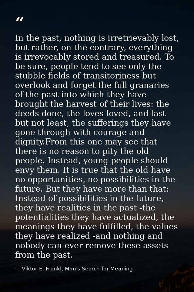 In the past, nothing is irretrievably lost, but rather, on the contrary, everything is irrevocably stored and treasured. — Viktor E. Frankl, Man's Search for Meaning