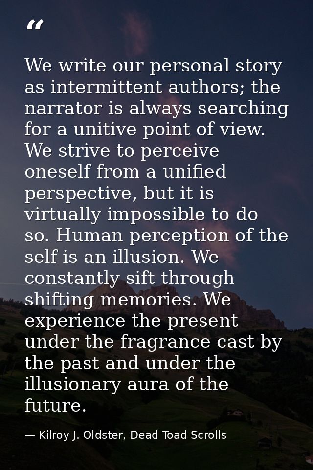 We write our personal story as intermittent authors; the narrator is always searching for a unitive point of view. We st — Kilroy J. Oldster, Dead Toad Scrolls