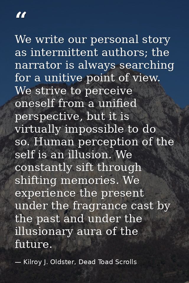 We write our personal story as intermittent authors; the narrator is always searching for a unitive point of view. We st — Kilroy J. Oldster, Dead Toad Scrolls