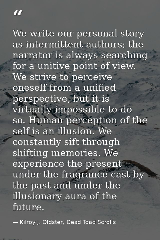 We write our personal story as intermittent authors; the narrator is always searching for a unitive point of view. We st — Kilroy J. Oldster, Dead Toad Scrolls
