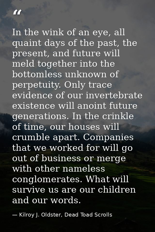 In the wink of an eye, all quaint days of the past, the present, and future will meld together into the bottomless unkno — Kilroy J. Oldster, Dead Toad Scrolls