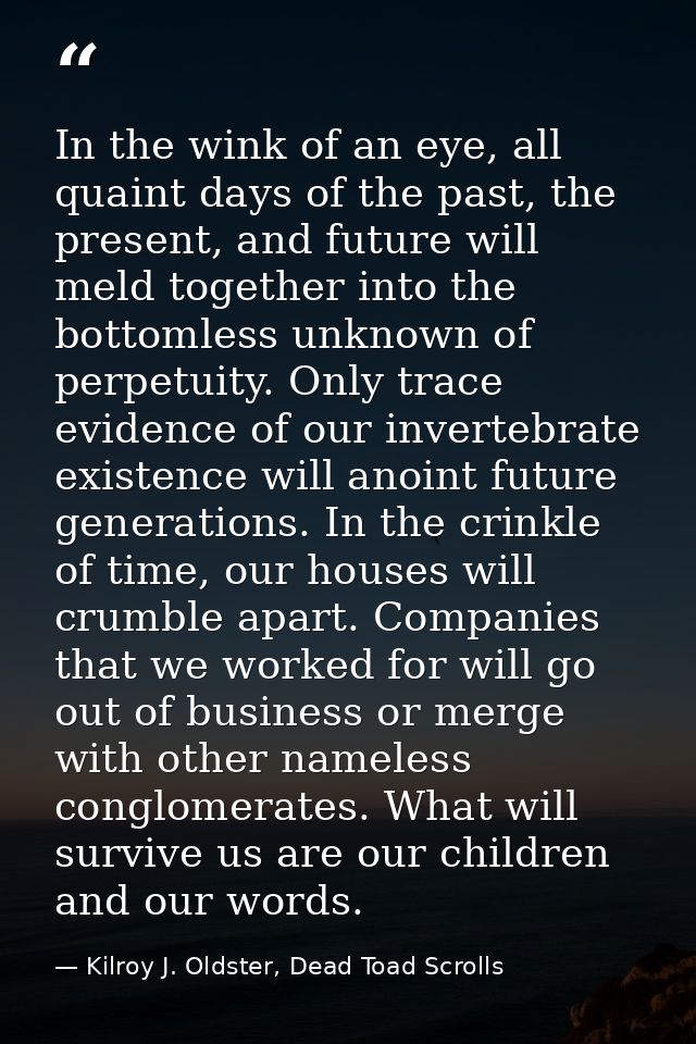 In the wink of an eye, all quaint days of the past, the present, and future will meld together into the bottomless unkno — Kilroy J. Oldster, Dead Toad Scrolls