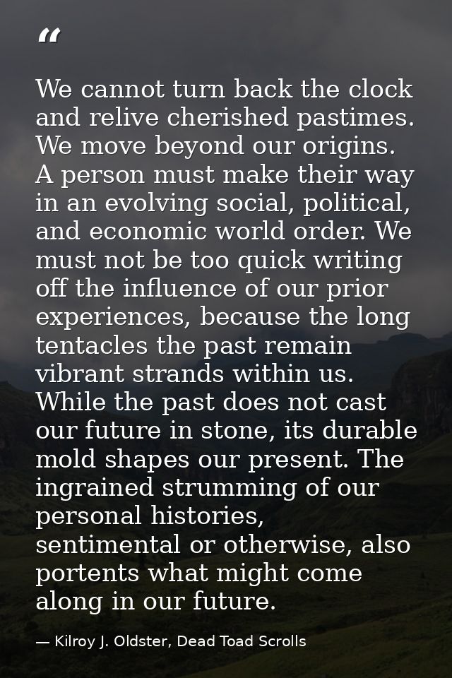 We cannot turn back the clock and relive cherished pastimes. We move beyond our origins. A person must make their way in — Kilroy J. Oldster, Dead Toad Scrolls