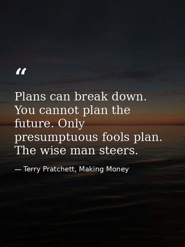 Plans can break down. You cannot plan the future. Only presumptuous fools plan. The wise man steers. — Terry Pratchett, Making Money