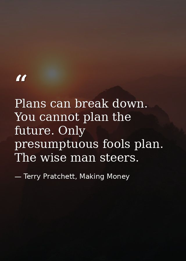 Plans can break down. You cannot plan the future. Only presumptuous fools plan. The wise man steers. — Terry Pratchett, Making Money