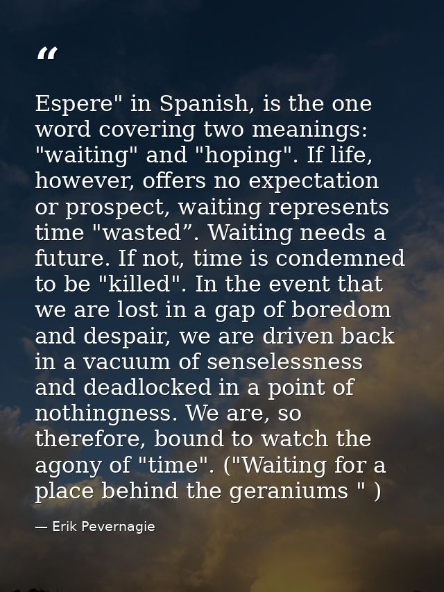 Espere" in Spanish, is the one word covering two meanings: "waiting" and "hoping". If life, however, offers no expectati — Erik Pevernagie