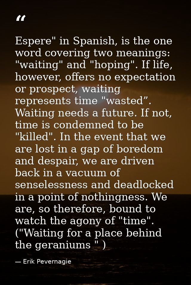 Espere" in Spanish, is the one word covering two meanings: "waiting" and "hoping". If life, however, offers no expectati — Erik Pevernagie