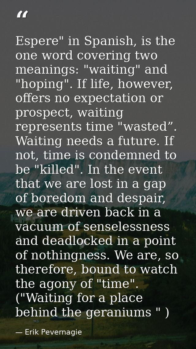 Espere" in Spanish, is the one word covering two meanings: "waiting" and "hoping". If life, however, offers no expectati — Erik Pevernagie