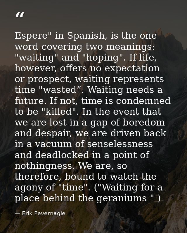 Espere" in Spanish, is the one word covering two meanings: "waiting" and "hoping". If life, however, offers no expectati — Erik Pevernagie