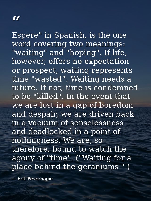 Espere" in Spanish, is the one word covering two meanings: "waiting" and "hoping". If life, however, offers no expectati — Erik Pevernagie