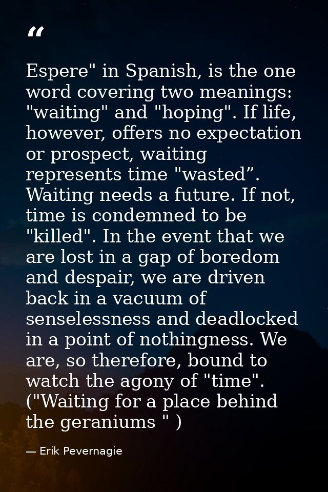 Espere" in Spanish, is the one word covering two meanings: "waiting" and "hoping". If life, however, offers no expectati — Erik Pevernagie