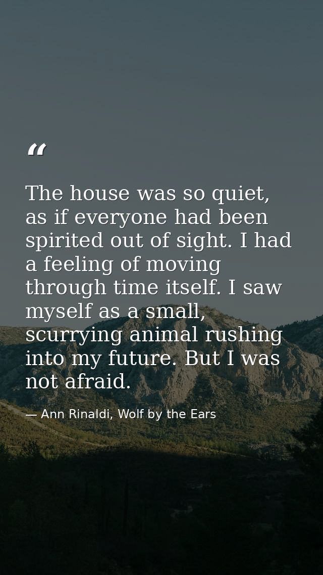 The house was so quiet, as if everyone had been spirited out of sight. I had a feeling of moving through time itself. I  — Ann Rinaldi, Wolf by the Ears
