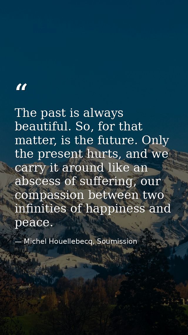 The past is always beautiful. So, for that matter, is the future. Only the present hurts, and we carry it around like an — Michel Houellebecq, Soumission