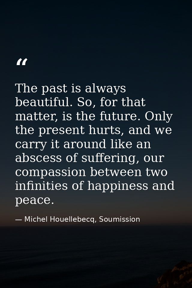 The past is always beautiful. So, for that matter, is the future. Only the present hurts, and we carry it around like an — Michel Houellebecq, Soumission