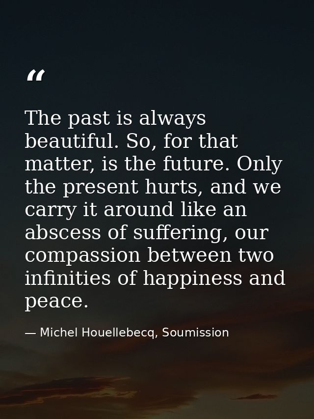 The past is always beautiful. So, for that matter, is the future. Only the present hurts, and we carry it around like an — Michel Houellebecq, Soumission