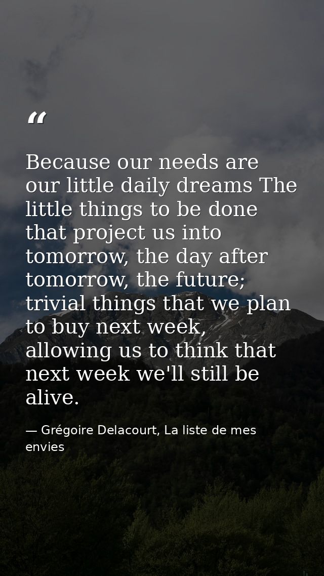 Because our needs are our little daily dreams The little things to be done that project us into tomorrow, the day after  — Grégoire Delacourt, La liste de mes envies