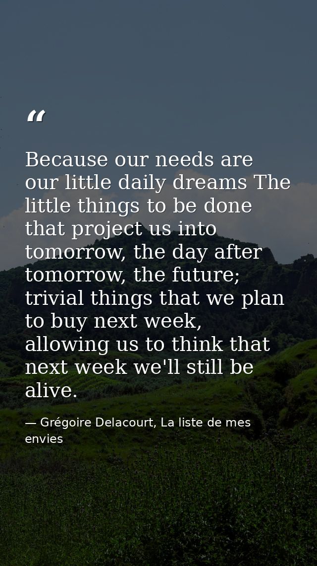 Because our needs are our little daily dreams The little things to be done that project us into tomorrow, the day after  — Grégoire Delacourt, La liste de mes envies