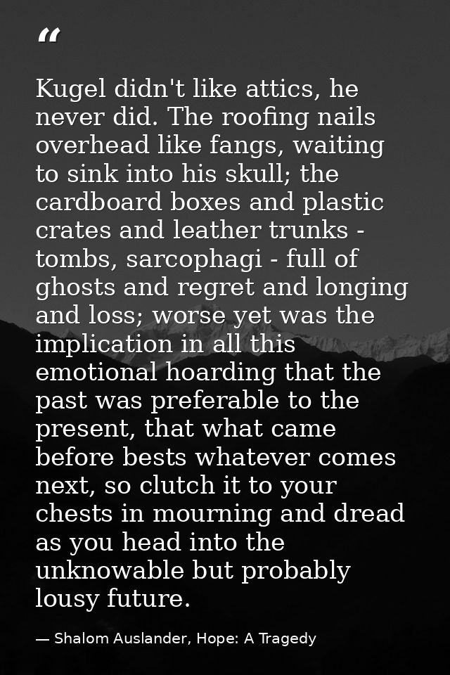 Kugel didn't like attics, he never did. The roofing nails overhead like fangs, waiting to sink into his skull; the cardb — Shalom Auslander, Hope: A Tragedy