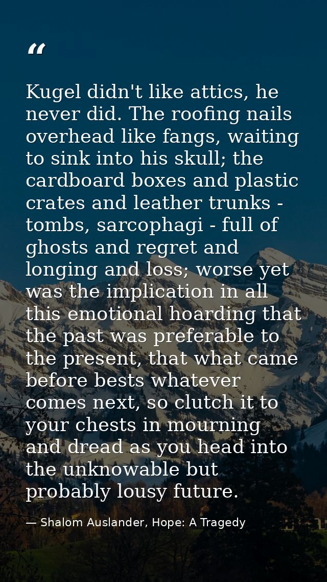Kugel didn't like attics, he never did. The roofing nails overhead like fangs, waiting to sink into his skull; the cardb — Shalom Auslander, Hope: A Tragedy