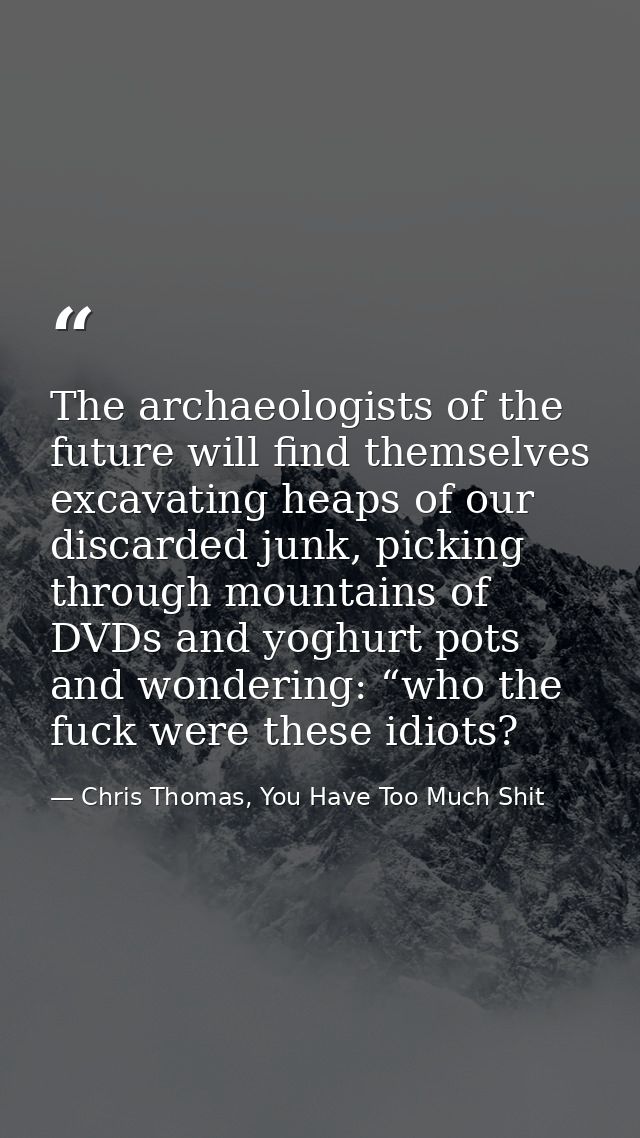 The archaeologists of the future will find themselves excavating heaps of our discarded junk, picking through mountains  — Chris Thomas, You Have Too Much Shit