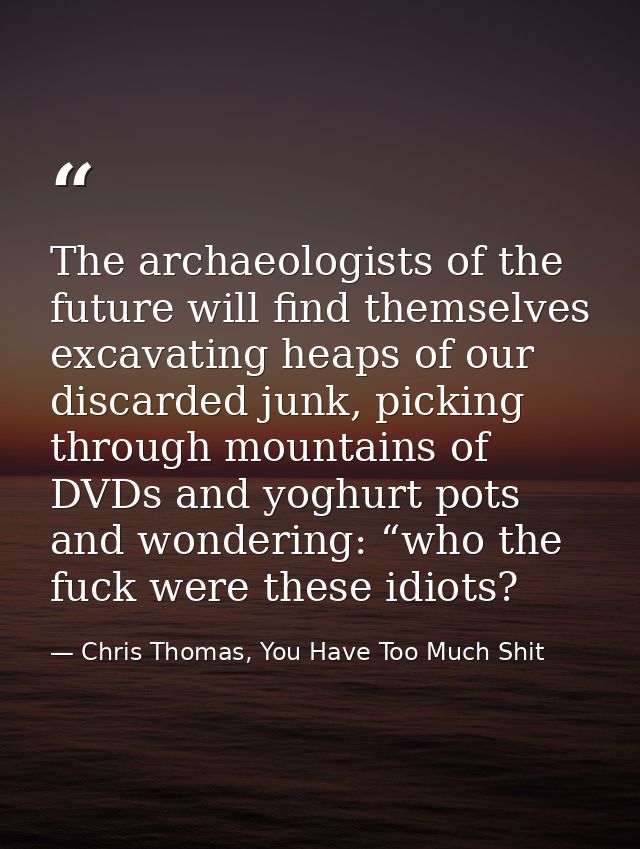 The archaeologists of the future will find themselves excavating heaps of our discarded junk, picking through mountains  — Chris Thomas, You Have Too Much Shit