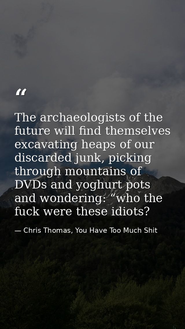 The archaeologists of the future will find themselves excavating heaps of our discarded junk, picking through mountains  — Chris Thomas, You Have Too Much Shit