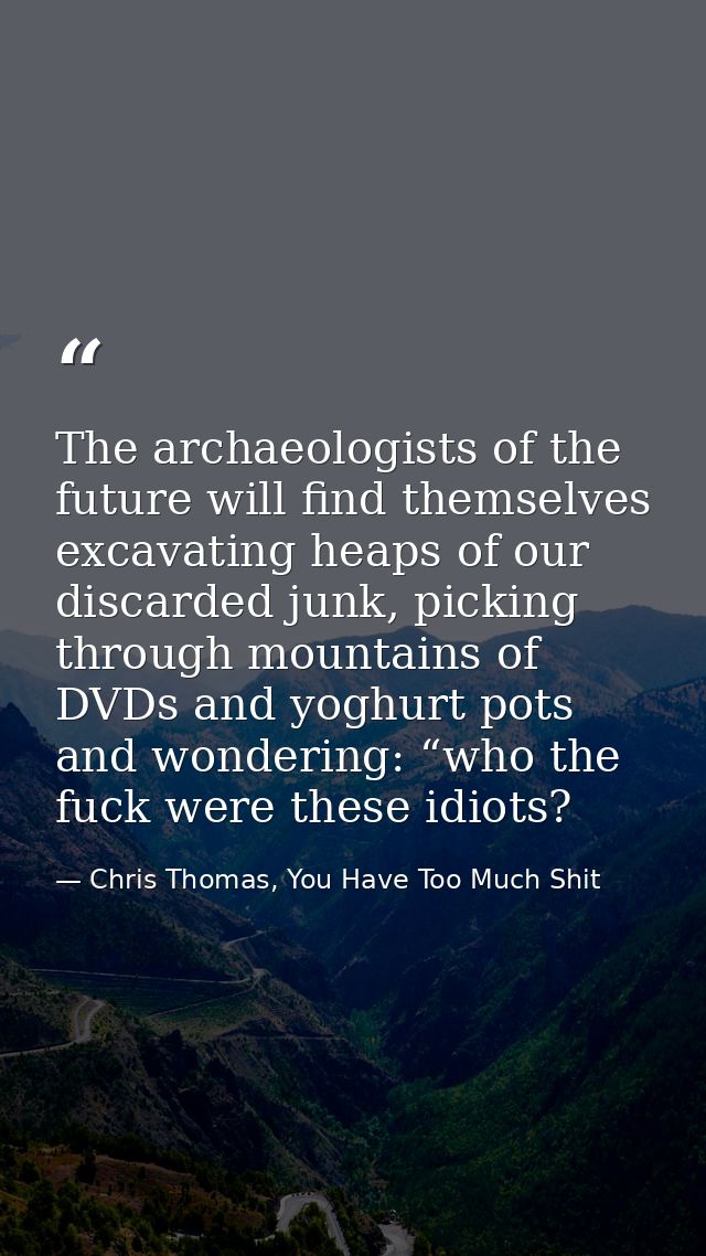 The archaeologists of the future will find themselves excavating heaps of our discarded junk, picking through mountains  — Chris Thomas, You Have Too Much Shit